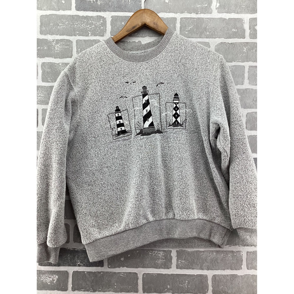 Vintage Lighthouse Embroidered Sweatshirt Gray Coastal Nautical Pullover L